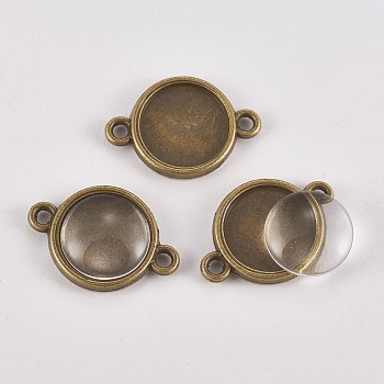 DIY Links Making, with Alloy Cabochon Connector Settings and Clear Glass Cabochons, Flat Round, Antique Bronze, Connector Setting: 21x15x3mm, Hole: 2mm, Tray: 12mm, Glass Cabochon: 11.5~12x4mm, 2pcs/set