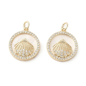 Brass Micro Pave Cubic Zirconia Pendants, with Shell, Flat Round with Shell, Real 18K Gold Plated, 18x16x3.5mm, Hole: 3mm