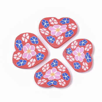 Handmade Polymer Clay Cabochons, Heart with Flower, Red, 17~22x20~23x2mm