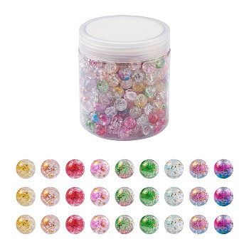 Transparent Spray Painted Crackle Glass Beads Strands, with Golden Foil, Round, Mixed Color, 10~11mm, Hole: 1.4~1.6mm, 9 colors, 30pcs/color, 270pcs/box