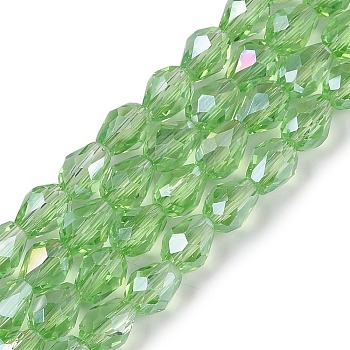 Transparent Electroplate Glass Beads Strands, AB Color Plated, Faceted, Teardrop, Light Green, 8x6mm, Hole: 1.2mm, about 65~67pcs/strand, 20.08''(51cm)