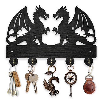 Wood & Iron Wall Mounted Hook Hangers, Decorative Organizer Rack, with 2Pcs Screws, 5 Hooks for Bag Clothes Key Scarf Hanging Holder, Dragon, 200x300x7mm.