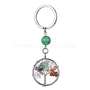 Natural Mixed Stone & Synthetic Turquoise Chips Flat Round with Tree of Life Kcychain, with 304 Stainless Steel Findings, 8cm(KEYC-JKC00563-05)