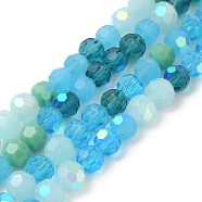 Electroplate Glass Beads Strands, Faceted(32 Facets), Half AB Color Plated, Round, Deep Sky Blue, 6x5mm, Hole: 1.4mm, about 100pcs/strand, 20.87''(53cm)(EGLA-P048-A01)