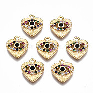Brass Micro Pave Cubic Zirconia Charms, Nickel Free, Heart with Eye, Real 18K Gold Plated, 11x10x2mm, Hole: 1.2mm(KK-Q277-077-NF)