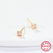 Golden Sterling Silver Micro Pave Cubic Zirconia Stud Earring, Square, Pink, 4x4mm(XN7792-10)