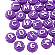 Plating Opaque Acrylic Beads, Metal Enlaced, Flat Round with Letter, Dark Violet, 10x6mm, Hole: 1.8mm, about 632pcs/200g(MACR-SZ0001-46D)