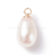 Natural Pearl Charms, with Light Gold Tone Brass Loops, Rice, White, 11~12.5x5~7mm, Hole: 1.5mm(PALLOY-JF01281-02)