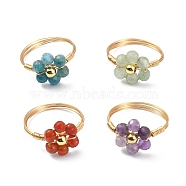 4Pcs 4 Style Natural Mixed Gemstone Beaded Flower Finger Rings Set, Real 18K Gold Plated Copper Wire Wrapped Jewelry, Inner Diameter: 18mm, 1Pc/style(RJEW-TA00074)