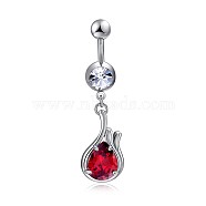 Piercing Jewelry, Brass Cubic Zirconia Navel Ring, Belly Rings, with Stainless Steel Findings, Lead Free & Cadmium Free, teardrop, Platinum, Red, 46mm; Pin: 1.5mm(AJEW-EE0006-12)