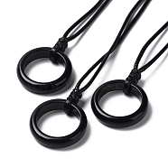Natural Obsidian Ring Pendant Necklace with Waxed Cords, 29.53~29.92 inch(75~76cm), Pendant: 26x6mm(NJEW-R262-01A-10)