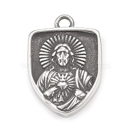 304 Stainless Steel Pendants, Shield with Jesus Pattern, Antique Silver, 25.5x17x3mm, Hole: 2mm(STAS-G303-14AS)