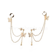 Brass Butterfly with Hanging Chain Dangle Stud Earrings, 304 Stainless Steel Long Drop Earrings with Ear Cuffs for Women, Golden, 90mm, Pin: 0.8mm(EJEW-TA00152)