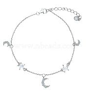 925 Sterling Silver Pave Clear Cubic Zirconia Star Moon Lovely Fairy Charm Bracelets, Cable Chain Bracelets for Women, Silver Color Plated, 6-1/4 inch(16cm)(NI1080)