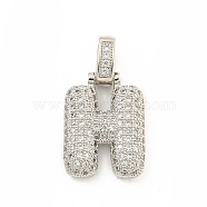 Brass Micro Pave Clear Cubic Zirconia Pendants, Platinum, Letter H, 31x17x5mm, Hole: 3x6mm(KK-B099-01P-H)