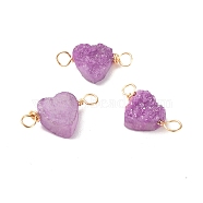 Natural Druzy Agate Connector Charms, with Golden Tone Copper Wire, Dyed, Heart, Medium Purple, 18~20x9~10x4~5mm, Hole: 3mm(PALLOY-JF01363-02)