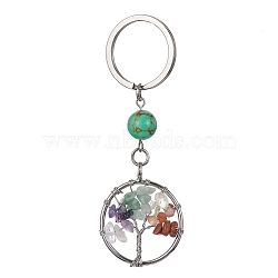Natural Mixed Stone & Synthetic Turquoise Chips Flat Round with Tree of Life Kcychain, with 304 Stainless Steel Findings, 8cm(KEYC-JKC00563-05)