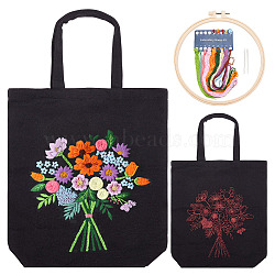 DIY Canvas Shoulder Bag 3D Embroidery Starter Kit, Rectangle with Flower Pattern, Including Cotton Cords, Plastic Embroidery Hoops and Iron Needles, Mixed Color, 610mm(DIY-WH0386-45)