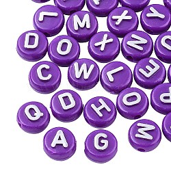 Plating Opaque Acrylic Beads, Metal Enlaced, Flat Round with Letter, Dark Violet, 10x6mm, Hole: 1.8mm, about 632pcs/200g(MACR-SZ0001-46D)