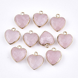 Electroplate Natural Rose Quartz Pendants, with Cadmium Free & Nickel Free & Lead Free Iron Findings, Faceted, Heart, Golden, 16~17x14~15x6~7mm, Hole: 1.8mm(X-G-T112-03H)
