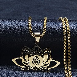 304 Stainless Steel Pendant Necklaces, Lotus Flower, Golden, 23.62 inch(60cm)(NJEW-K253-03G)