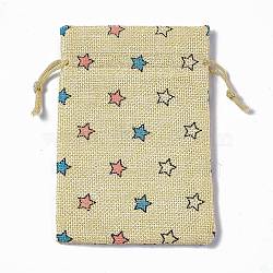 Burlap Packing Pouches Drawstring Bags, Rectangle, Pale Goldenrod, Star, 13.5~14x10x0.35cm(ABAG-L016-A05)