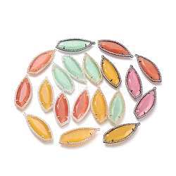 Faceted Cat Eye Pendants, with Brass Open Back Settings and Micro Pave Clear Cubic Zirconia, Leaf, Mixed Color, 38x15x4.3mm, Hole: 1.2mm(CE-L023-010)