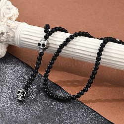 Frosted Black Glass Beaded Lariat Necklaces, 304 Stainless Steel Skull Pendant Necklaces for Women Men, Antique Silver, 27.72 inch(70.4cm)(NJEW-F331-01AS-01)