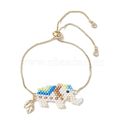 Elephant Glass Seed Beads Link Bracelets, Brass Box Chain Slider Bracelets for Women, Real Platinum Plated, White, 9-7/8 inch(25cm)(BJEW-MZ00067-02)