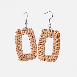Handmade Reed Cane/Rattan Woven Dangle Earrings, with 304 Stainless Steel Earring Hooks, Rectangle, Peru, 61~62mm, Pin: 0.6mm(EJEW-JE03044-02)