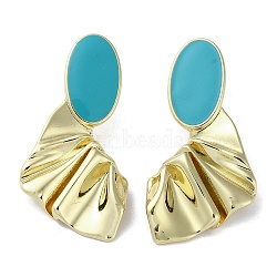 Rack Plating Real 18k Gold Plated Brass Oval Stud Earrings with Enamel, Lead Free & Cadmium Free, Dark Turquoise, 49x24.5mm(EJEW-M237-02G-01)