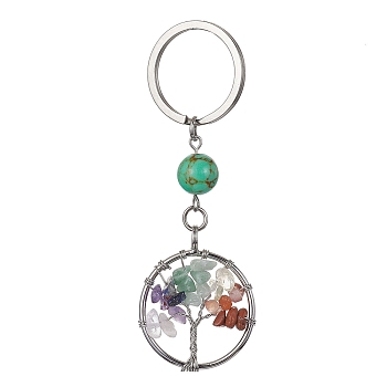 Natural Mixed Stone & Synthetic Turquoise Chips Flat Round with Tree of Life Kcychain, with 304 Stainless Steel Findings, 8cm