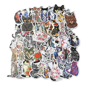 50Pcs Cat in Flower Tattoo PVC Waterproof Stickers, Self-adhesive Decals, for Suitcase, Skateboard, Refrigerator, Helmet, Mobile Phone Shell, Mixed Color, 47~80x28~65x0.2mm