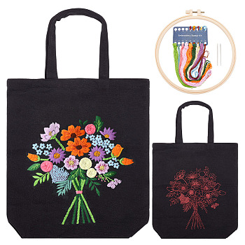 DIY Canvas Shoulder Bag 3D Embroidery Starter Kit, Rectangle with Flower Pattern, Including Cotton Cords, Plastic Embroidery Hoops and Iron Needles, Mixed Color, 610mm