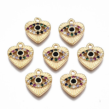 Brass Micro Pave Cubic Zirconia Charms, Nickel Free, Heart with Eye, Real 18K Gold Plated, 11x10x2mm, Hole: 1.2mm