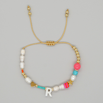 Initial Letter Natural Pearl Braided Bead Bracelet, Adjustable Bracelet, Letter R, 11 inch(28cm)