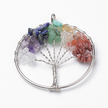 Natural Gemstone Big Pendants, with Brass Findings, Flat Round with Tree of Life, Platinum, 57~58x51x5~7mm, Hole: 5mm
