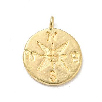 Brass Charms, Flat Round with Compass, Golden, 12.5x10.5x1mm, Hole: 1.2mm