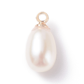 Natural Pearl Charms, with Light Gold Tone Brass Loops, Rice, White, 11~12.5x5~7mm, Hole: 1.5mm