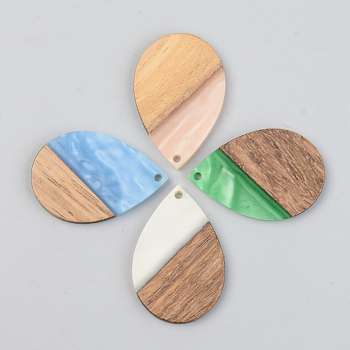 Opaque Resin & Walnut Wood Pendants, Teardrop, Mixed Color, 35.5x24.5x3mm, Hole: 2mm