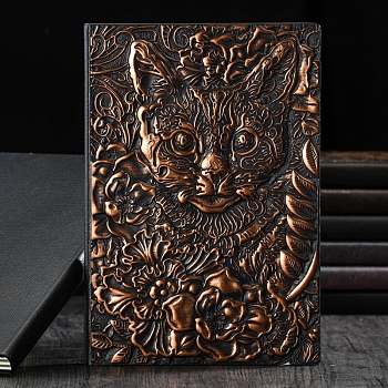 3D Embossed PU Leather Notebook, A5 Cat & Flower Pattern Journal, for School Office Supplies, Red Copper, 215x145mm