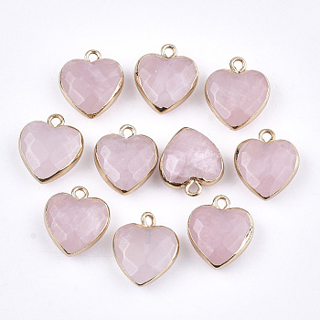 Electroplate Natural Rose Quartz Pendants, with Cadmium Free & Nickel Free & Lead Free Iron Findings, Faceted, Heart, Golden, 16~17x14~15x6~7mm, Hole: 1.8mm