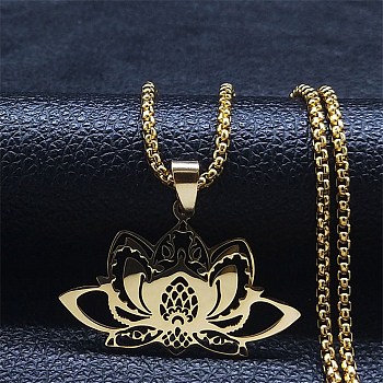 304 Stainless Steel Pendant Necklaces, Lotus Flower, Golden, 23.62 inch(60cm)