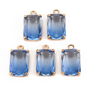 Gradient Color Glass Pendants, with Brass Prong Settings, Faceted, Rectangle, Light Gold, Cornflower Blue, 17x10x5.5mm, Hole: 1.6mm