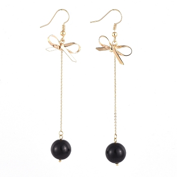 Dangle Earrings, with Glass Pearl Round Beads, Real 18K Gold Plated Brass Cable Chains, Earring Hooks and Bowknot Pendants, Black, 87mm, Pin: 0.7mm