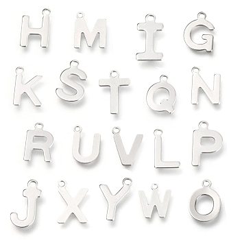 201 Stainless Steel Charms, Alphabet, Random Mixed Letters, 12~12.6x6~10.1x0.5~0.7mm, Hole: 1.2~1.4mm