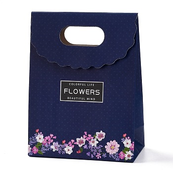 Rectangle Paper Flip Gift Bags, with Handle & Word & Floral Pattern, Shopping Bags, Prussian Blue, 12.3x6x16.1cm