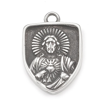 304 Stainless Steel Pendants, Shield with Jesus Pattern, Antique Silver, 25.5x17x3mm, Hole: 2mm