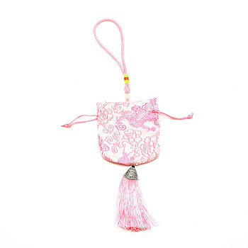 Brocade Packing Pouches, Vintage Scented Sachet Perfume Bag, with Tassel, Pink, 330~335mm