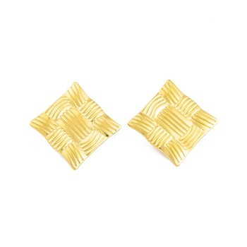 Ion Plating(IP) 304 Stainless Steel Stud Earrings for Women, Texture Rhombus, Real 14K Gold Plated, 24x24mm